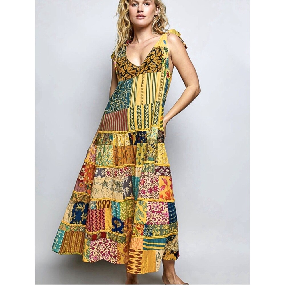 POL Patchwork Maxi Dress Sundress Yellow Boho Country Western M Cotton Mosaic